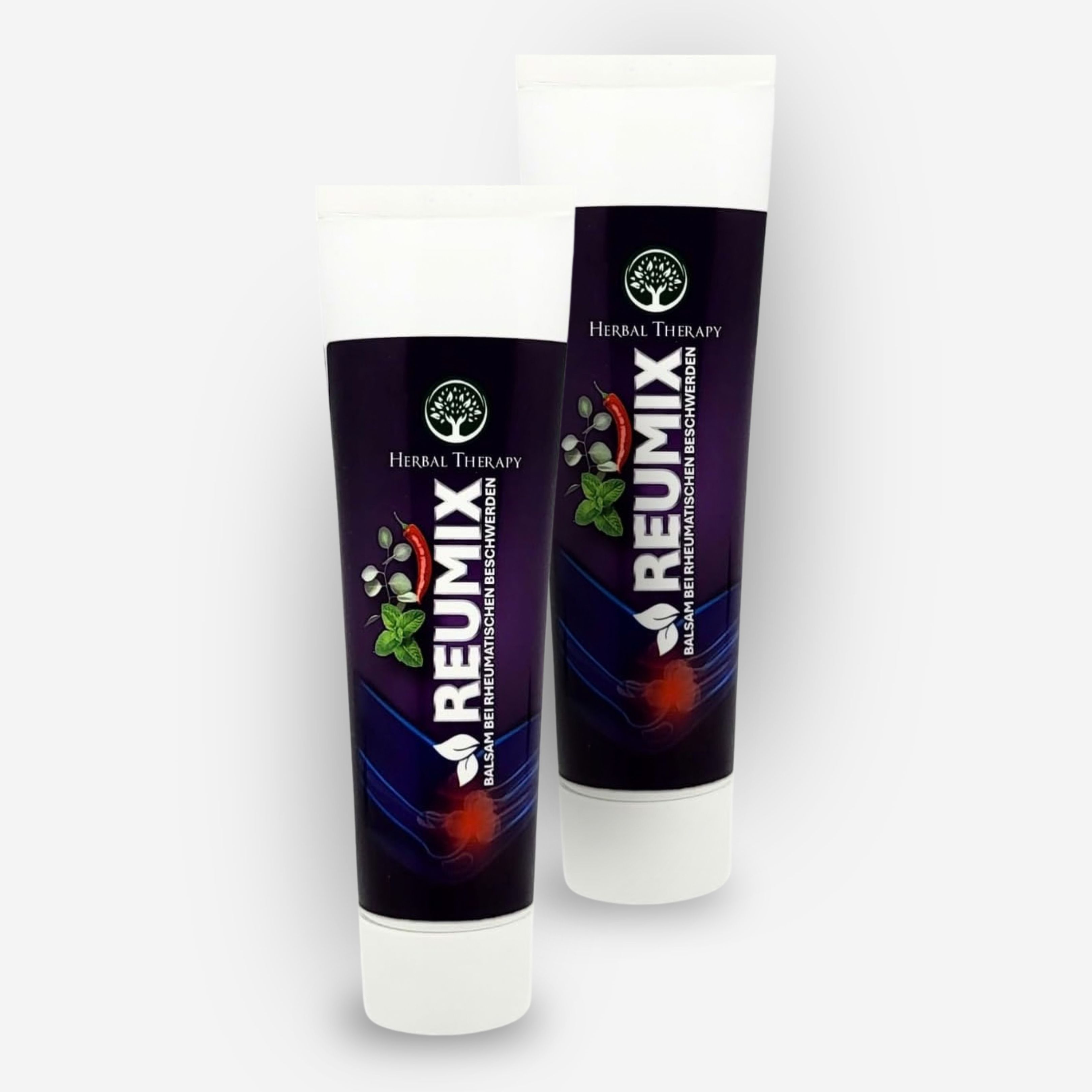 Twee tubes van de Artix balsem met arnica en 18 kruiden. De verpakking toont een menselijk figuur met pijnlijke gewrichten.