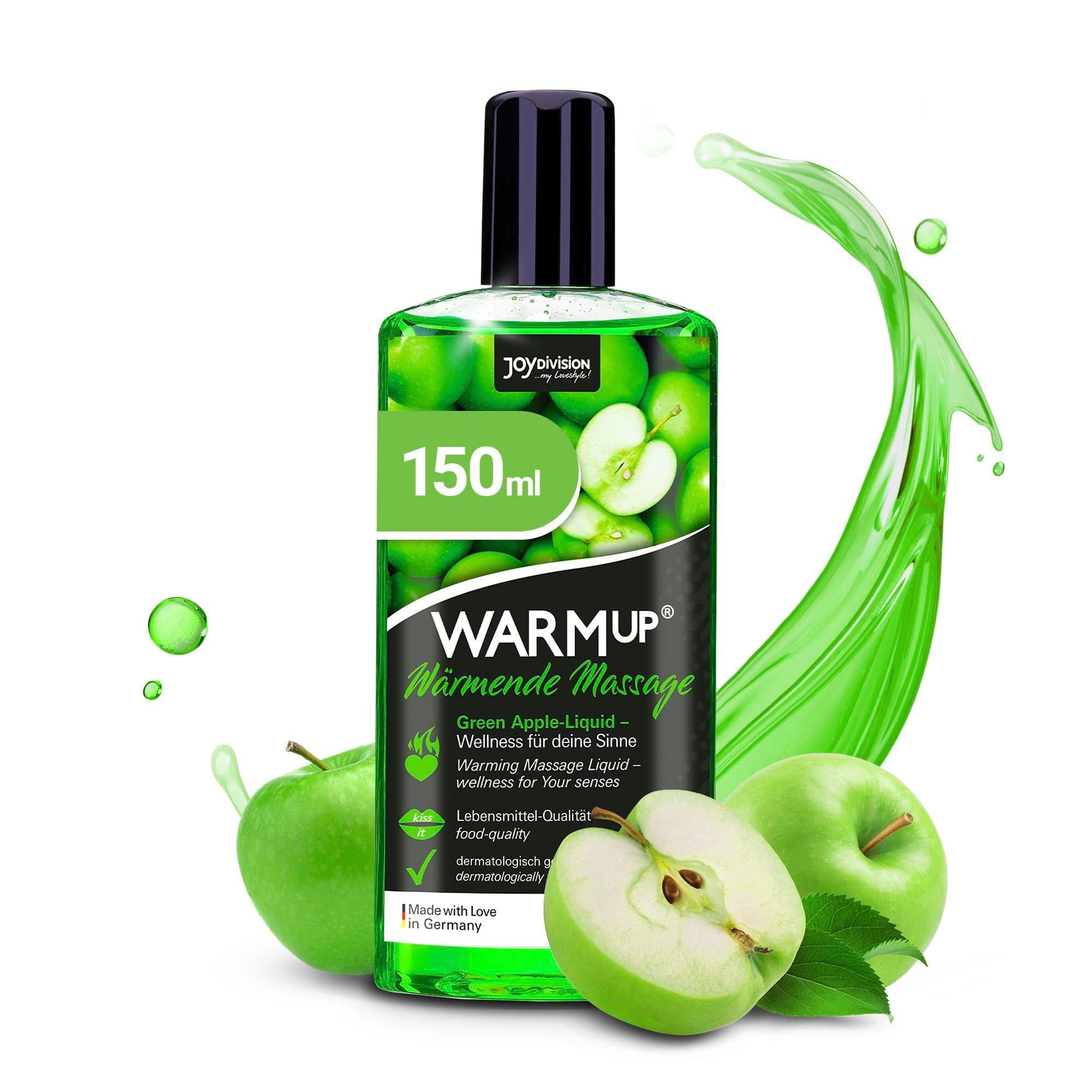 Bouteille d'huile de massage verte, motif pommes.
