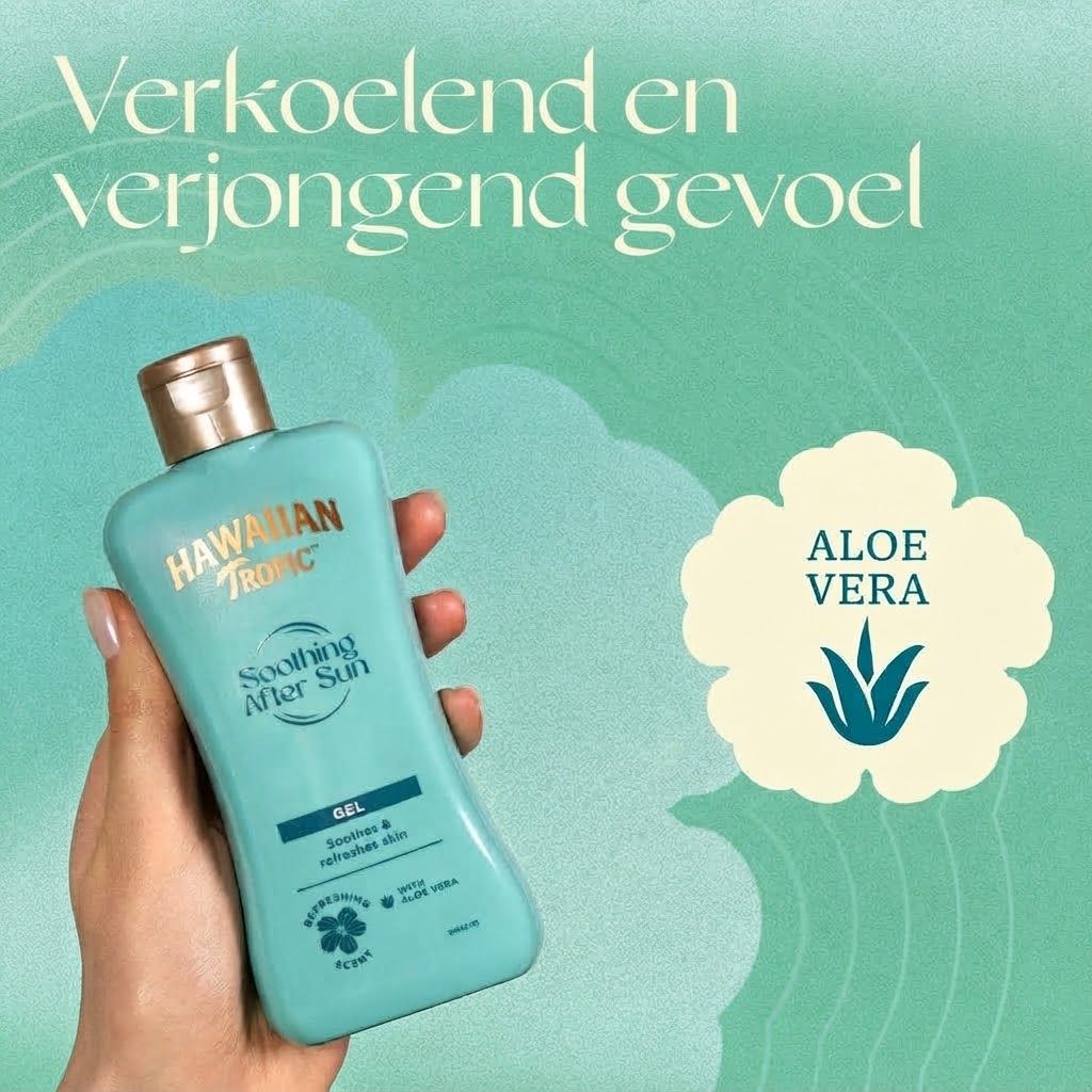 Turquoise fles Hawaiian Tropic Soothing After Sun Gel met Aloë Vera.