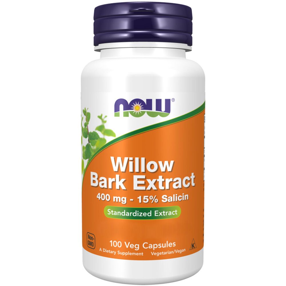 Flacon blanc avec étiquette orange. Inscription: Willow Bark Extract, 400 mg, 100 Veg Capsules. Marque: NOW.