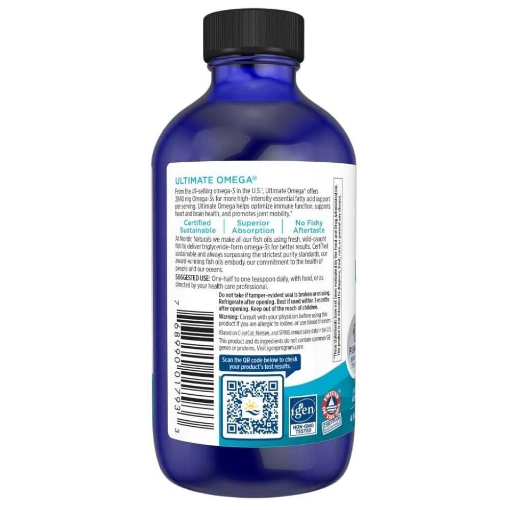 Bouteille en verre bleue avec bouchon noir, contenant un liquide Oméga-3. Étiquette avec informations produit et code-barres.