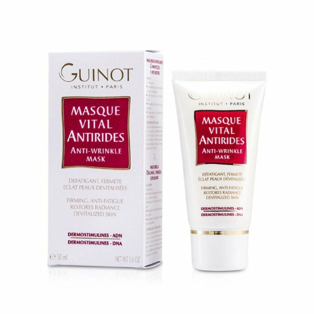 Emballage et tube. Guinot Masque Vital Antirides. Texte: Anti-Wrinkle Mask. Emballage blanc avec étiquette rouge.