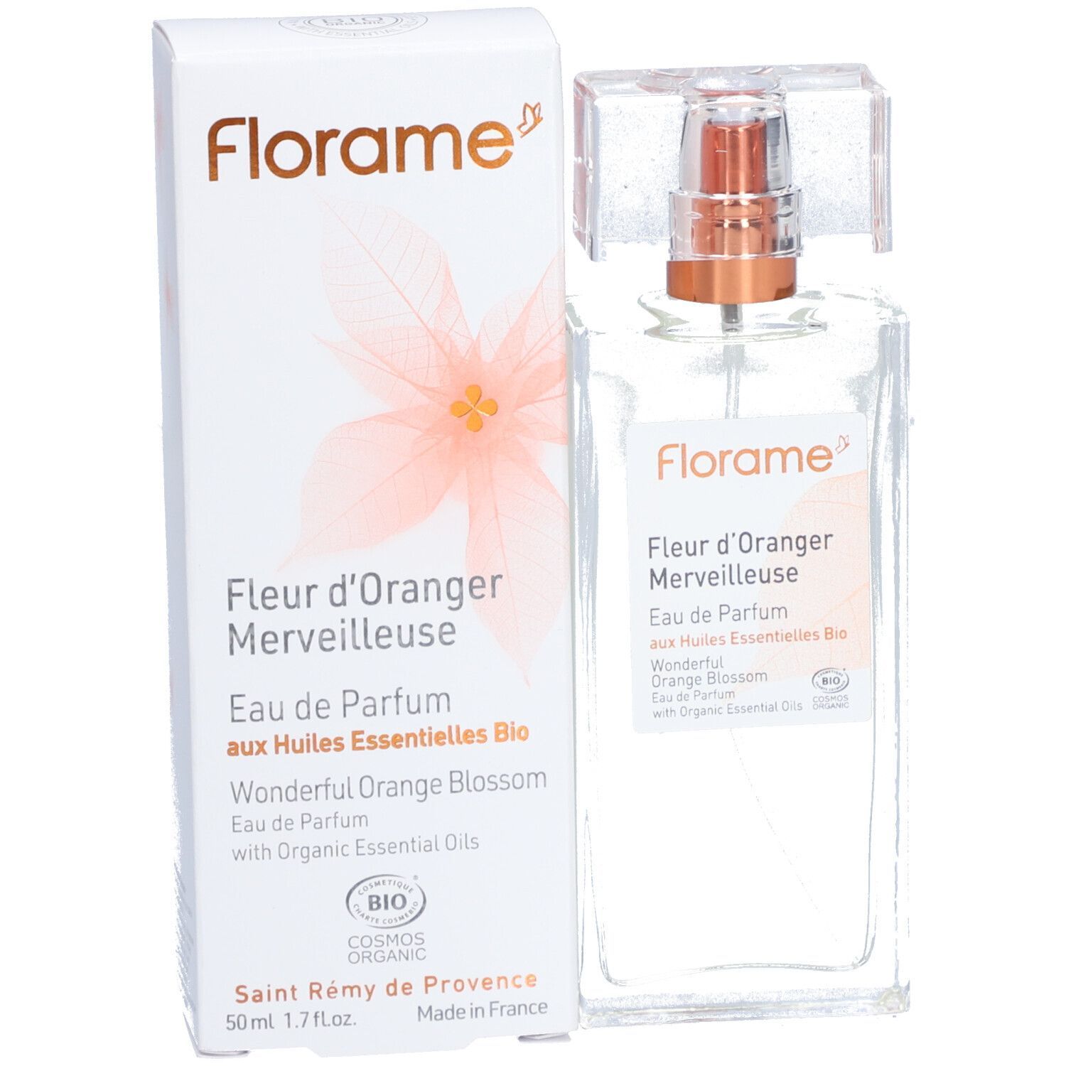Flacon de parfum Florame avec son emballage. Inscription : Fleur d'Oranger Merveilleuse, Eau de Parfum aux Huiles Essentielles Bio.