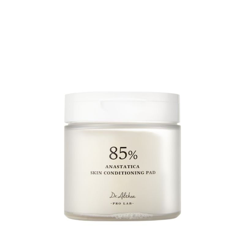 Pot rond blanc avec couvercle. Inscription : 85%, Anastatica Skin Conditioning Pad, Dr. Althea - Pro Lab.