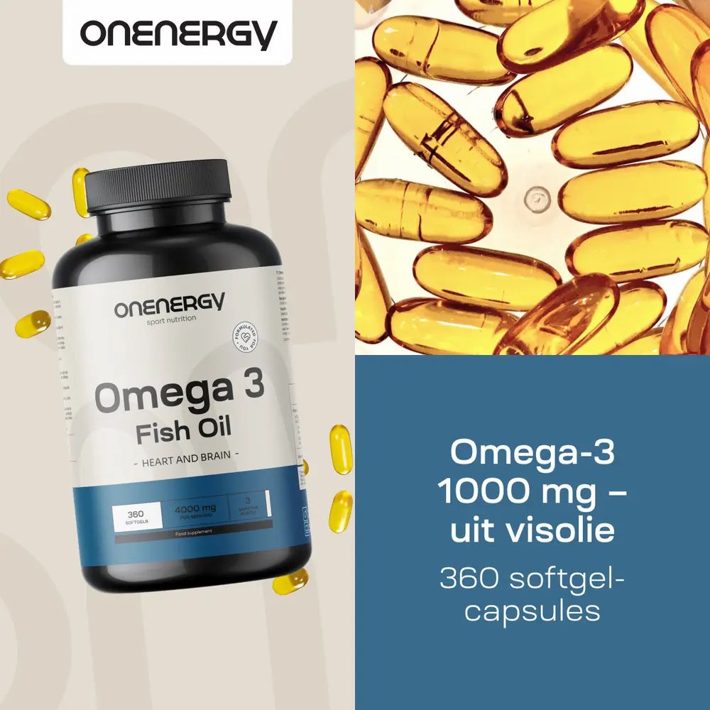 Fles Omega 3, capsules ernaast. Tekst: Omega-3 1000 mg - uit visolie. 360 softgel-capsules.