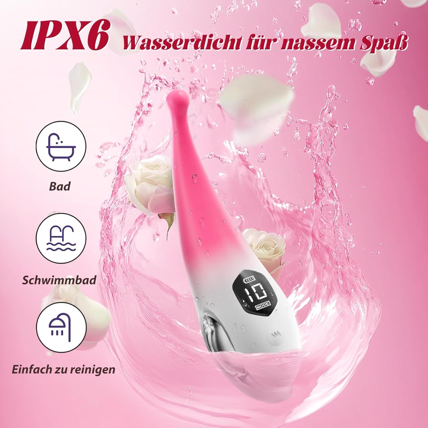 Vibrateur rose étanche IPX6, adapté pour la salle de bain et la piscine. Facile à nettoyer.