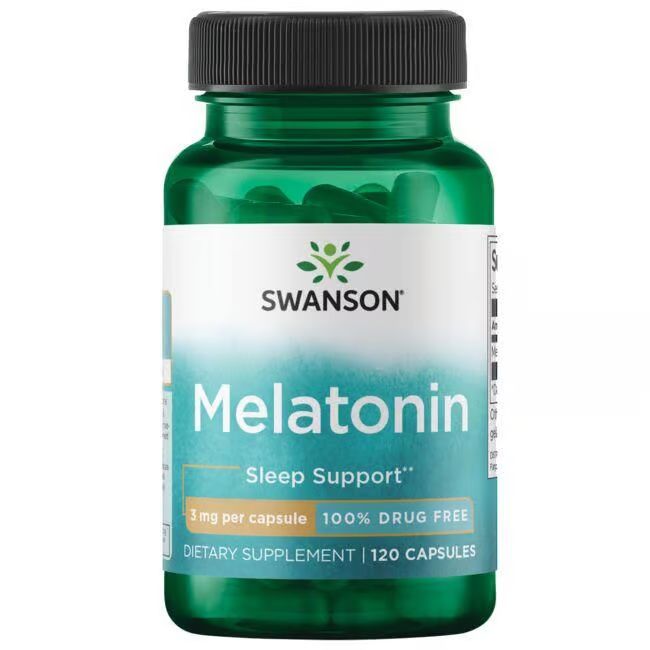 Groene fles met capsules. Opschrift: SWANSON, Melatonine, 3 mg per capsule, 120 capsules. Zwarte dop. Etiket met productinformatie.