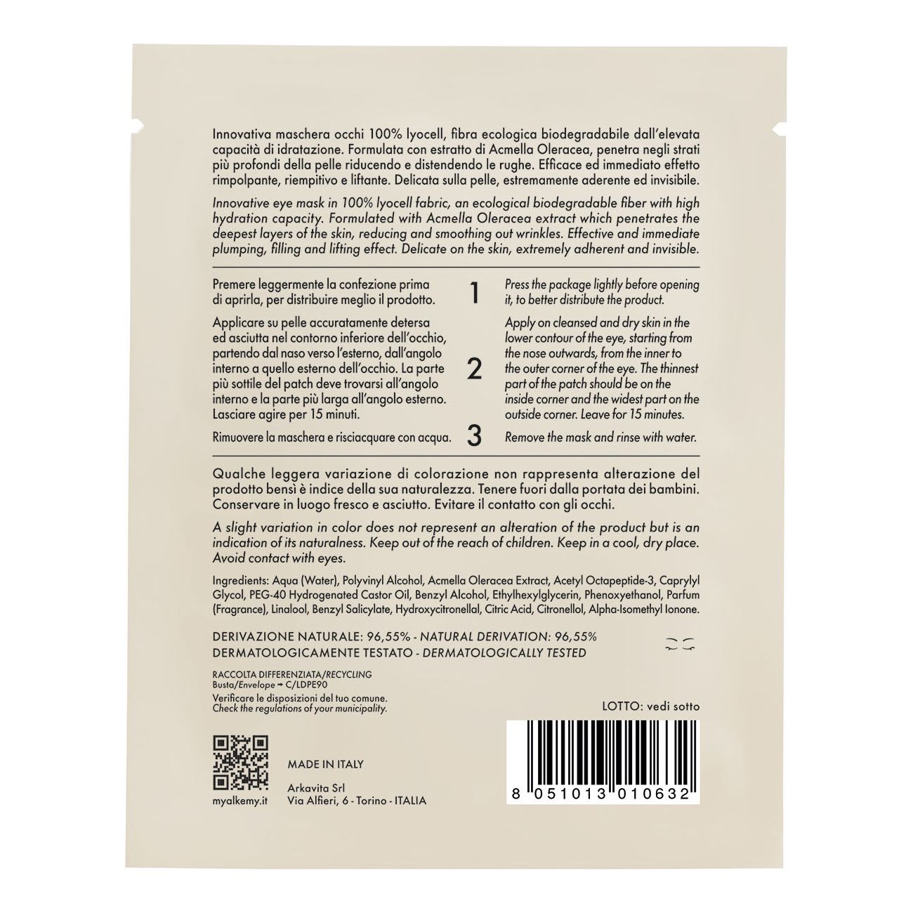 Dos d'un emballage Alkemy Patch Occhi Liftante avec instructions d'utilisation.