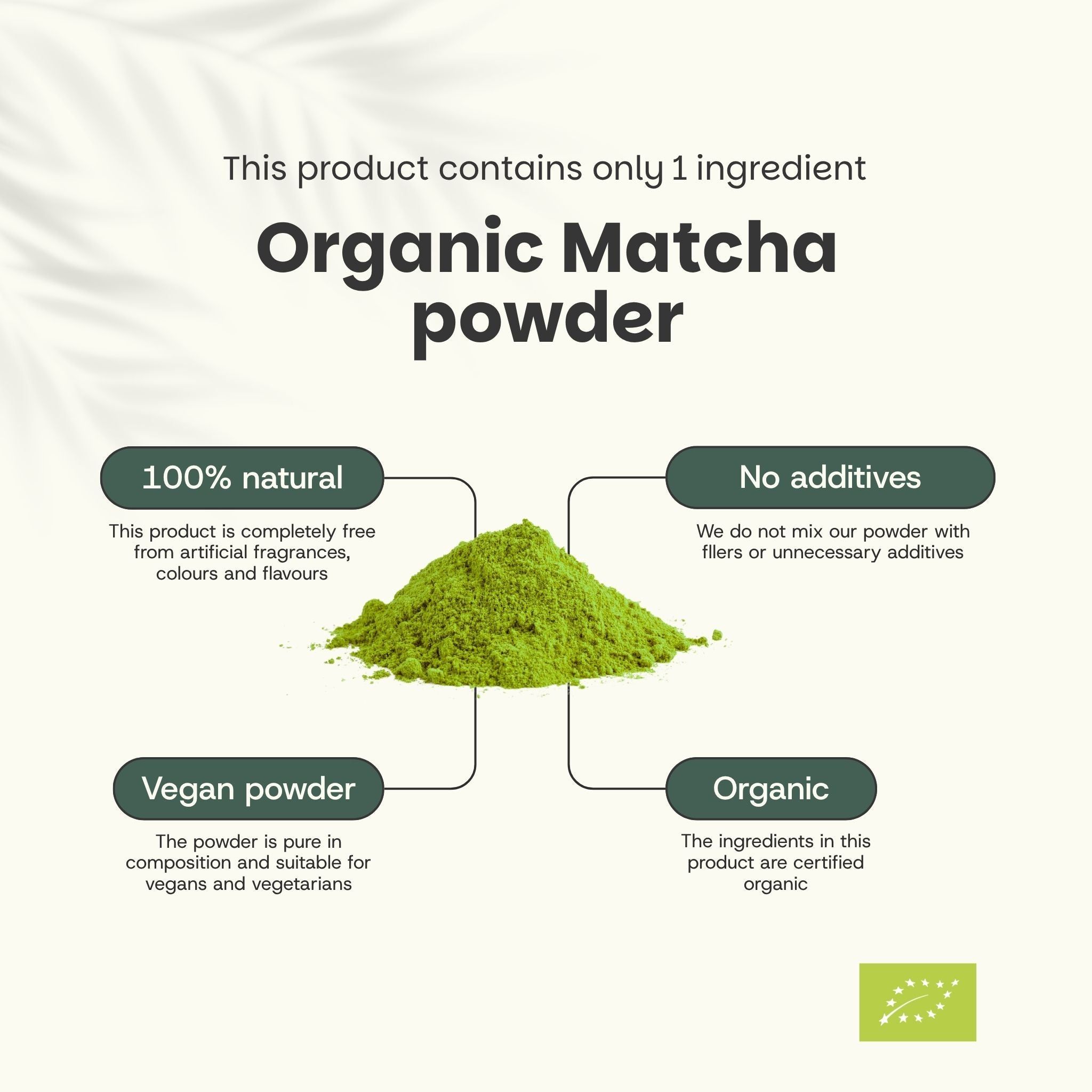 Infographie: Poudre de matcha. 100% naturel, sans additifs, végétalien, bio. Poudre verte au centre.