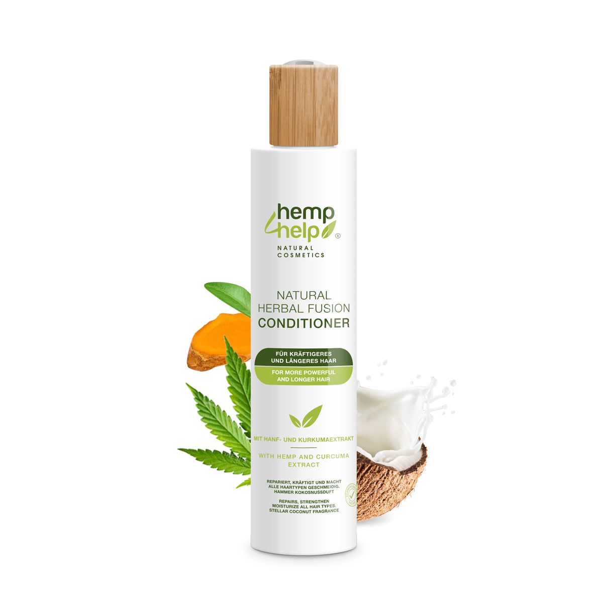 Fles conditioner, wit, met houten dop. Tekst: Natural Herbal Fusion Conditioner.