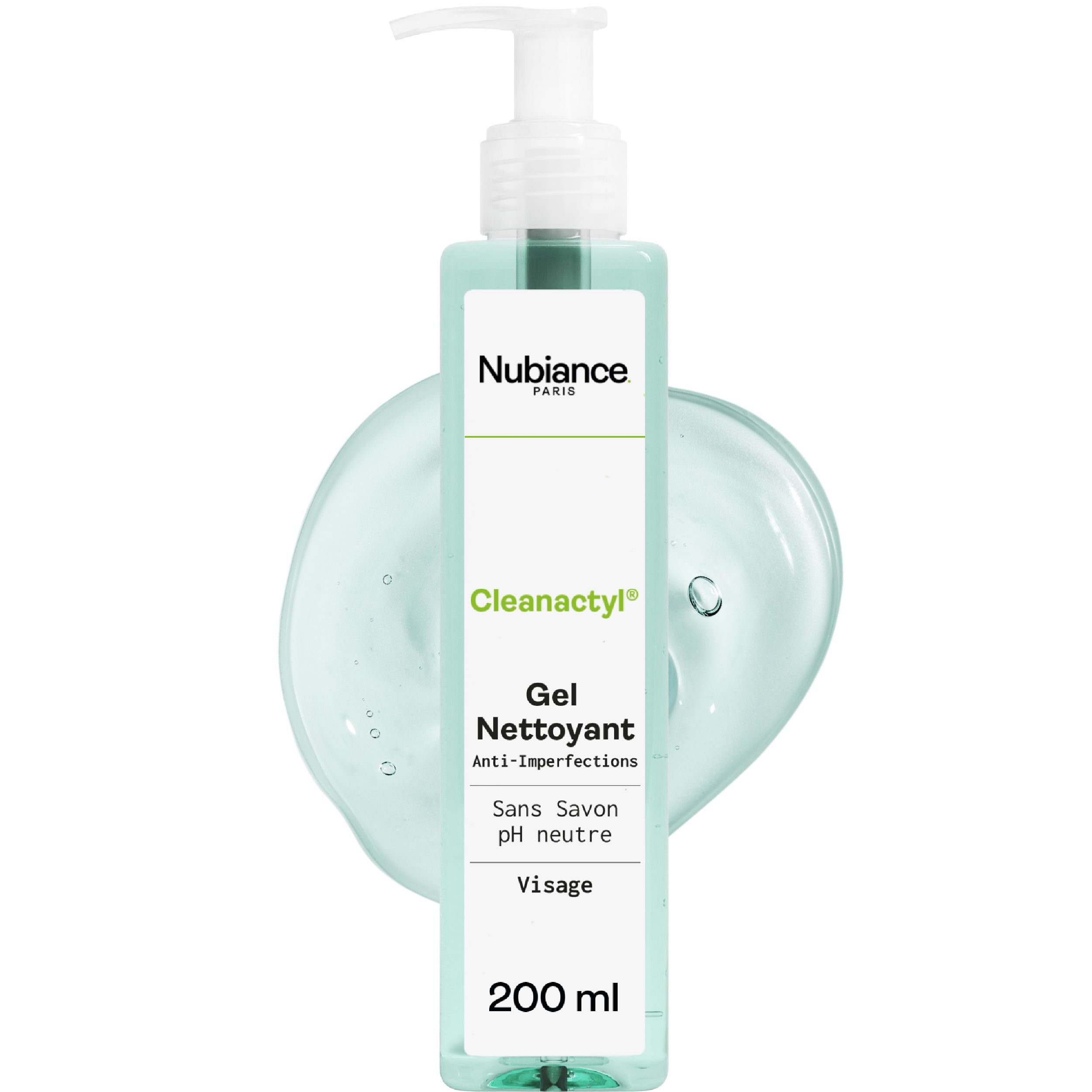 Groene gel met pomp. Opschrift: Nubiance, Cleanactyl, Gel Nettoyant, Anti-Imperfections, Sans Savon, pH neutre, Visage, 200 ml.