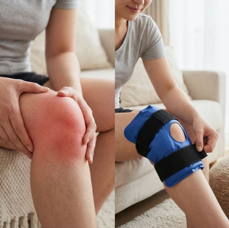 Personne tenant une genouillère sur sa jambe. Genou rouge. Genouillère bleue avec sangles noires.