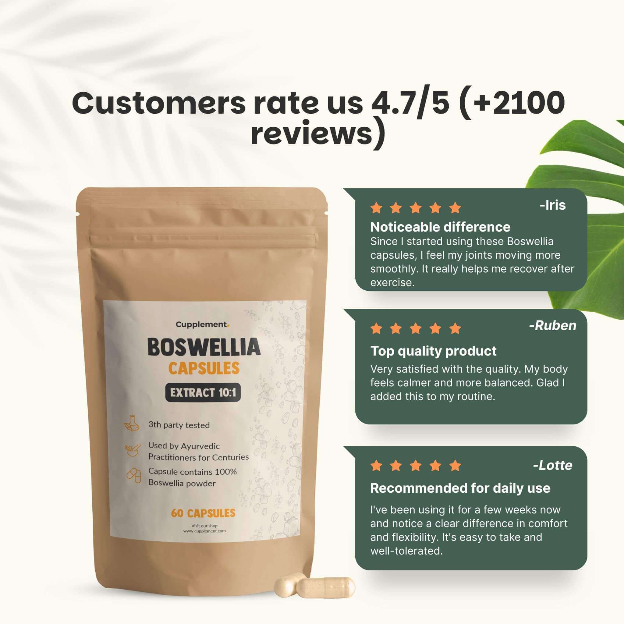 Sachet de gélules de Boswellia. Texte : Les clients nous évaluent 4,7/5. Citations de clients sur les effets des gélules.