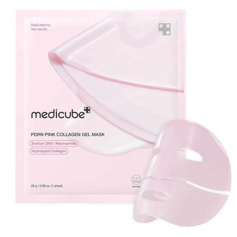 Roze gelmasker en verpakking. Opschrift: Medicube, PDRN Pink Collagen Gel Mask. Bevat Sodium DNA, Niacinamide, Hydrolyzed Collagen.