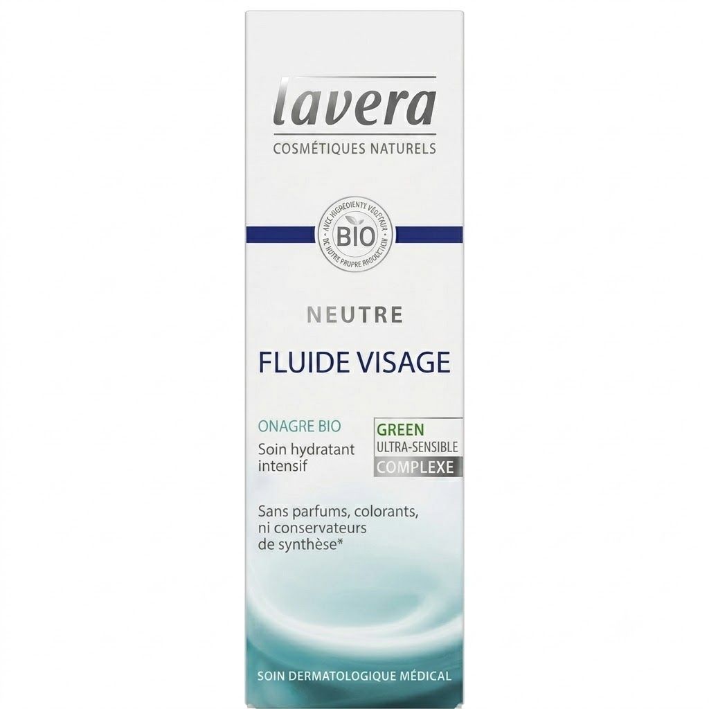 Emballage Lavera Neutral Gesichtsfluid, vue de face avec informations produit.