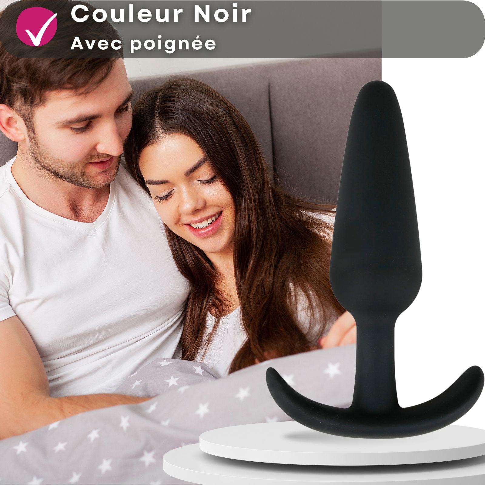 Plug anal noir avec poignée. Couple en arrière-plan.