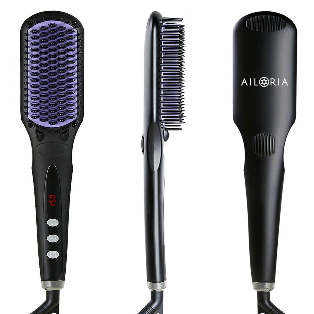 Brosse lissante ionique AILORIA noire, trois vues. Tête de brosse avec picots violets, manche avec boutons et écran LCD.