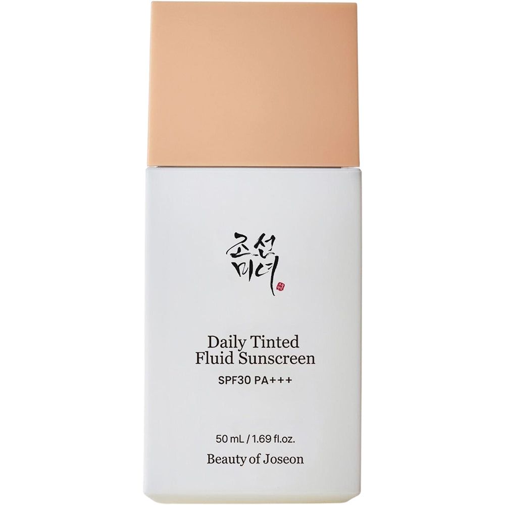 BEAUTY OF JOSEON Daily Tinted Fluid Sunscreen SPF30 PA+++, 50ml. Flacon blanc avec bouchon rose pâle.