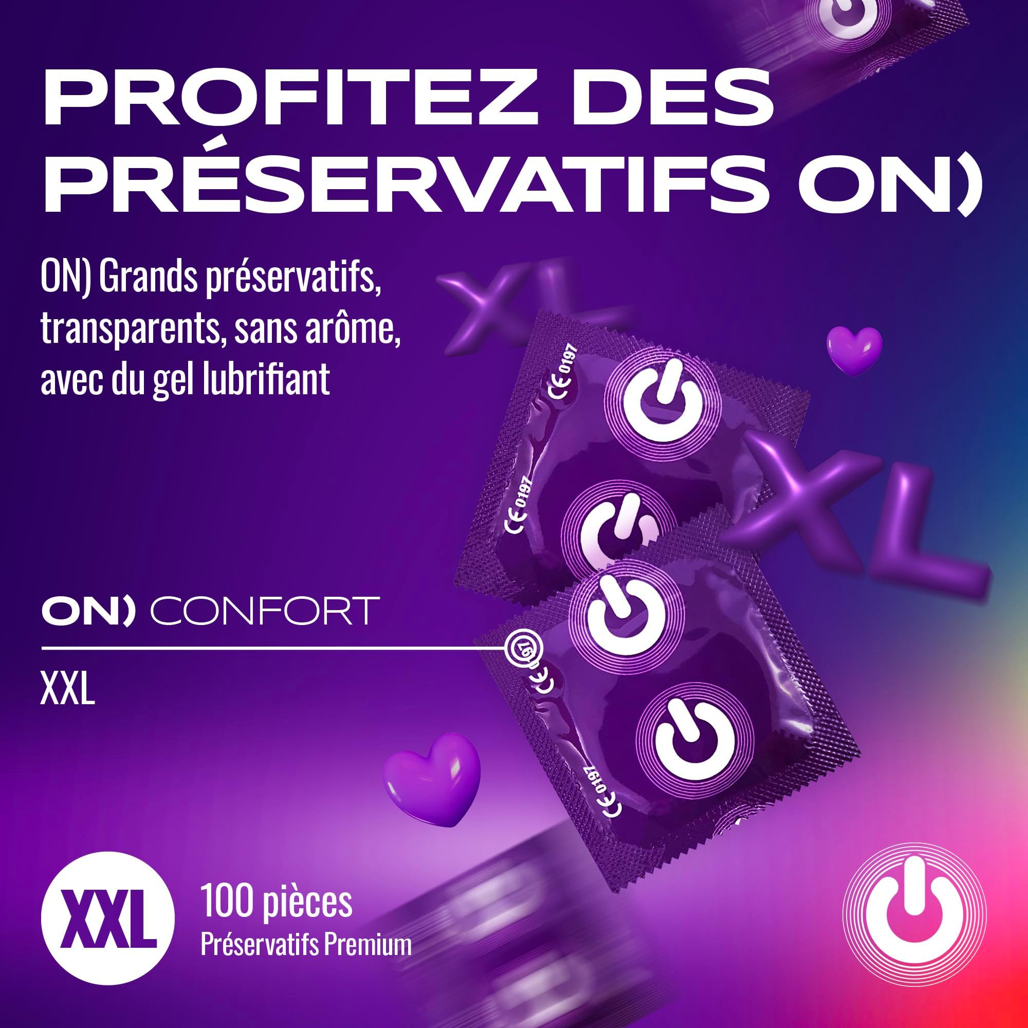 Pack de nombreux préservatifs ON), 100 pièces, taille XXL.