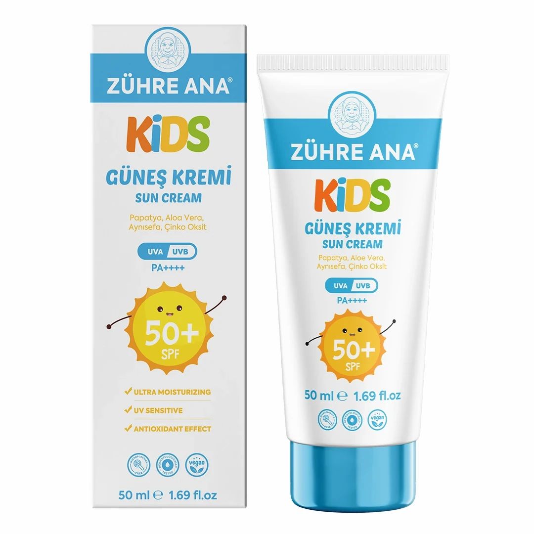 Zühre Ana Kids zonnebrandcrème met SPF 50+ in een witte tube en doosje.