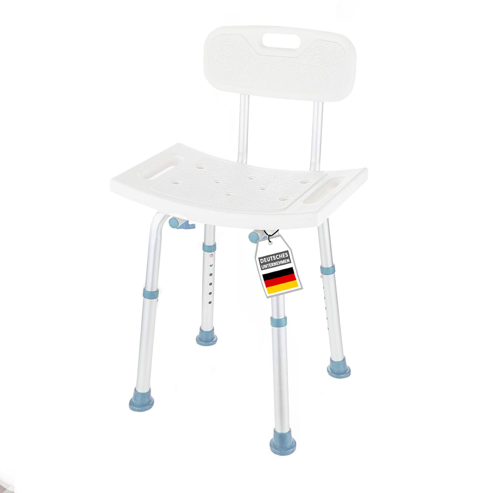 Chaise de douche avec dossier. Réglable en hauteur. Blanc. Avec label de qualité allemand.