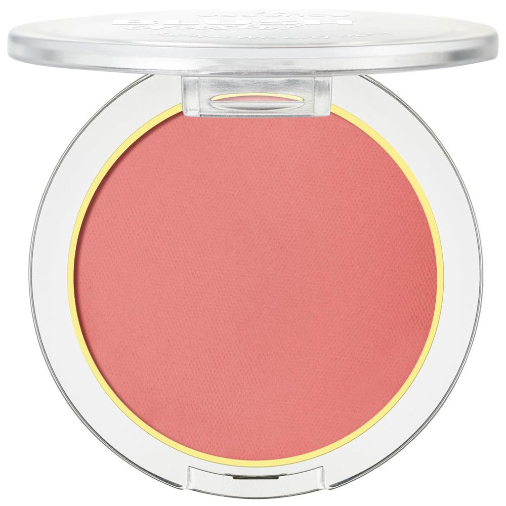 Roze blush in een ronde, transparante verpakking met klapdeksel. Gele rand rond de blush.