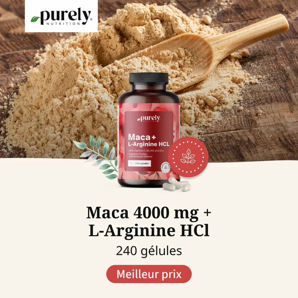 Flacon marron avec inscription: Maca 4000 mg + L-Arginine HCl, 240 gélules. Poudre de maca et cuillère en bois.