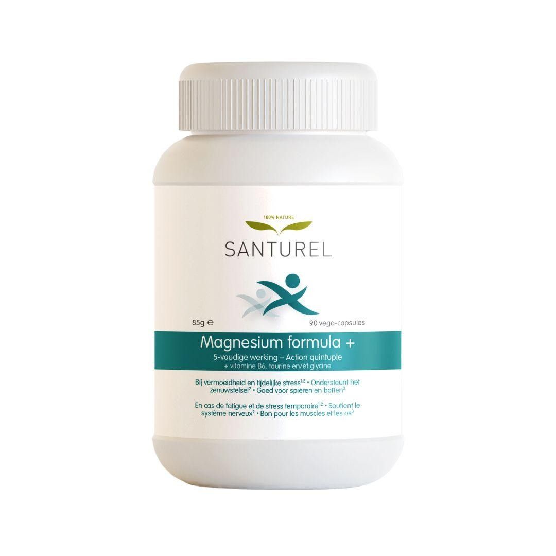 Witte voedingssupplementfles met schroefdop. Opschrift: SANTUREL, Magnesium formula +. Bevat 90 capsules.