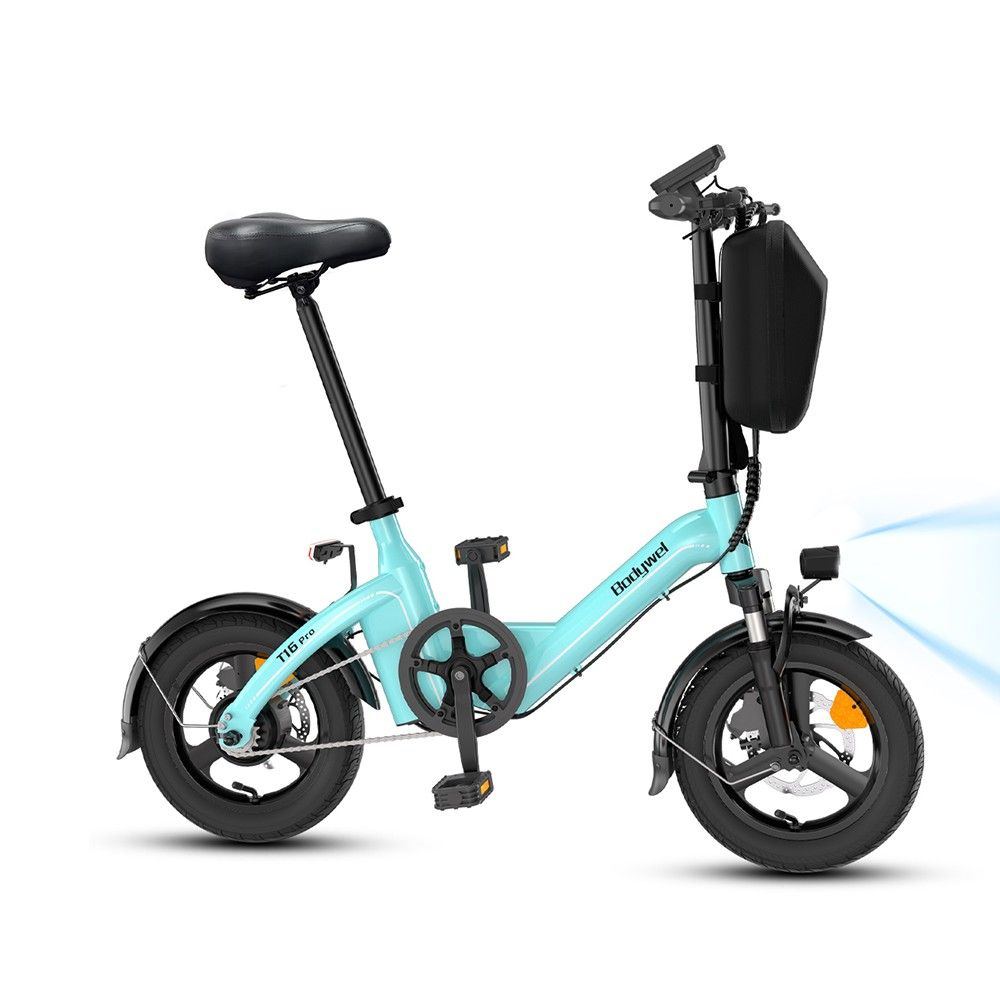Vélo pliant bleu clair avec selle noire, porte-bagages et phare. Inscriptions "T16 Pro" et "Bodywel".