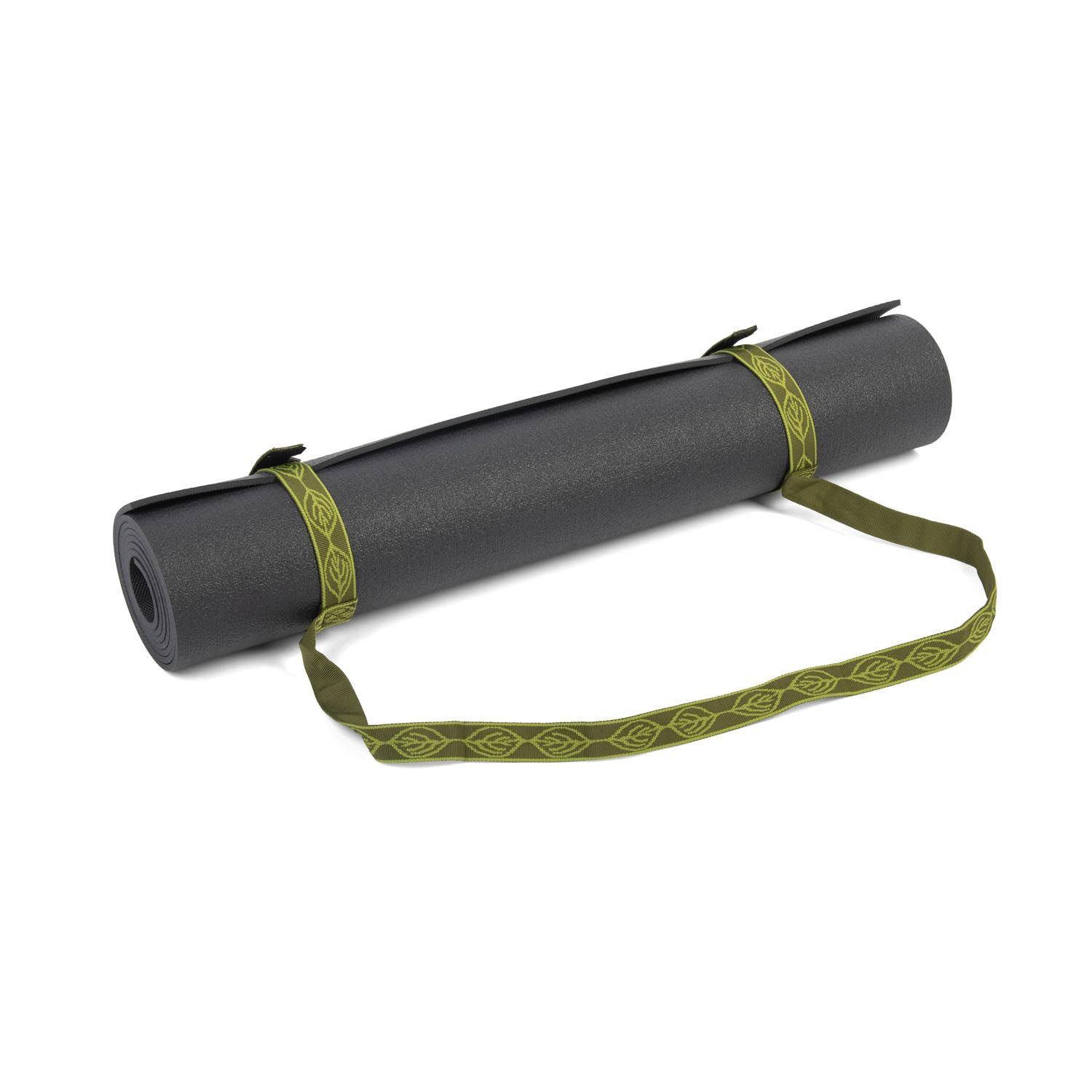 Tapis de yoga enroulé avec sangle de transport olive. Tapis et sangle côte à côte.