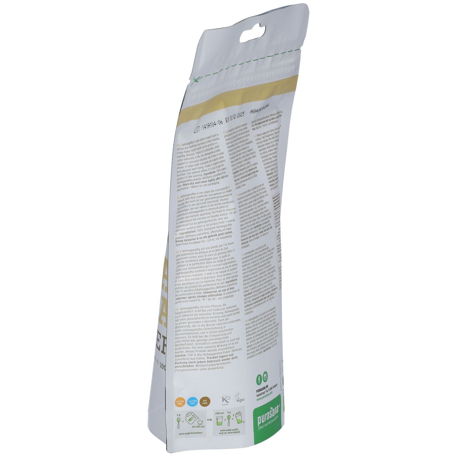 Zijkant van een zakje Ashwagandha poeder. Tekst en logo: Purasana. Met bio-label.