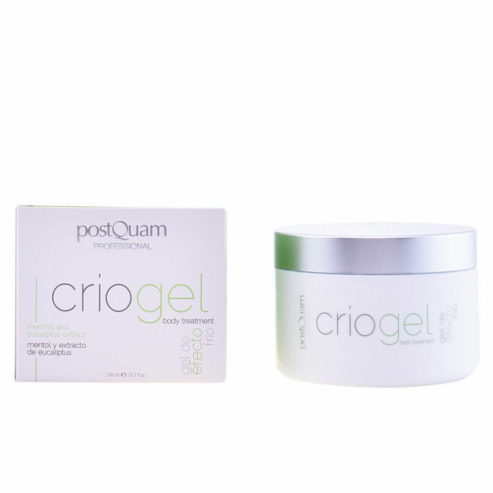 Pot de crème et emballage. Inscription 'criogel' et 'PostQuam'. Contient des extraits de menthol et d'eucalyptus.