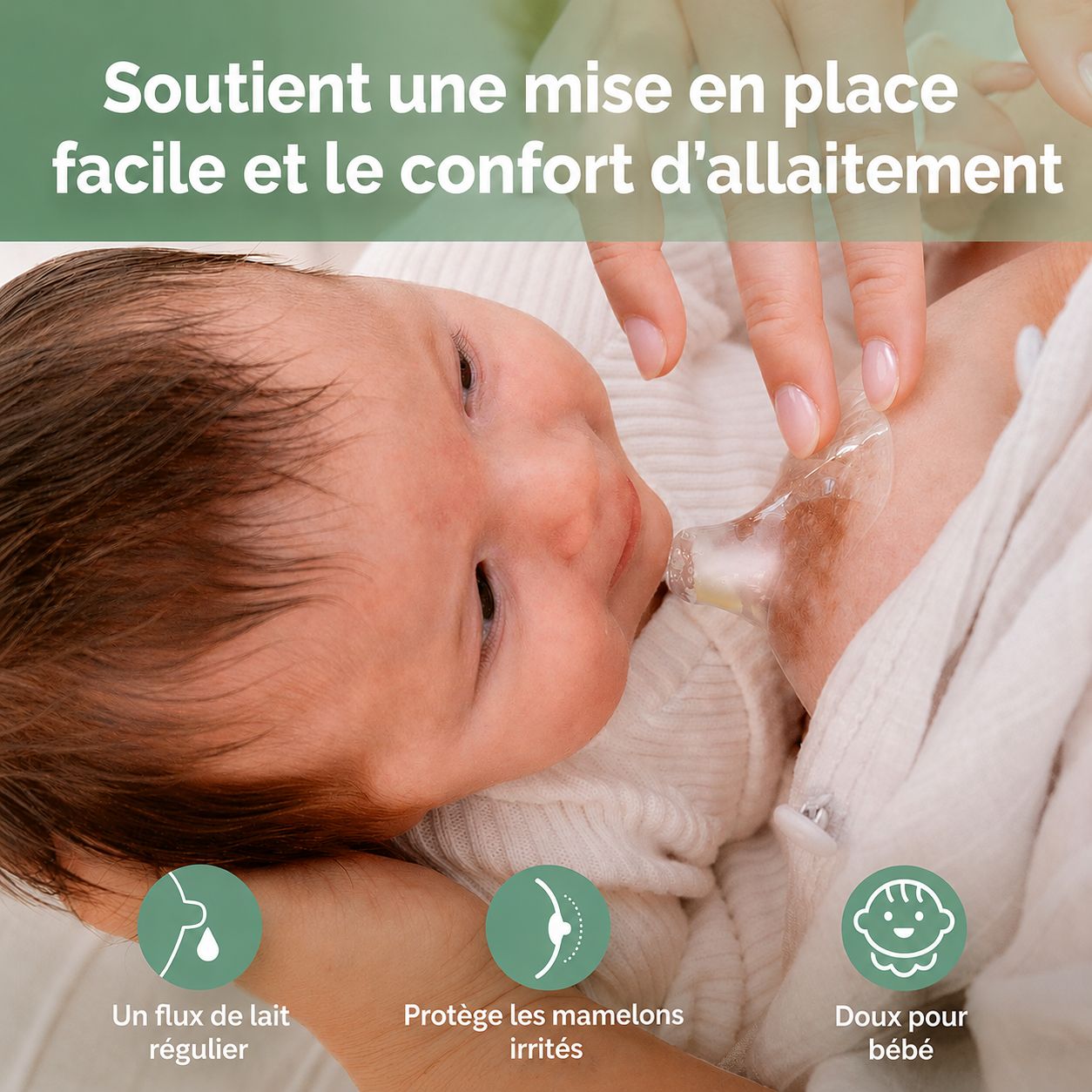 Un bébé est allaité, une main tient un protège-mamelon.