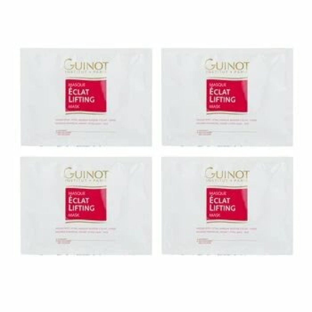 Quatre masques Guinot Masque Eclat Lifting. Sachets individuels. Sachets blancs avec rectangle rouge et informations produit. Texte: Lift Firming Mask.