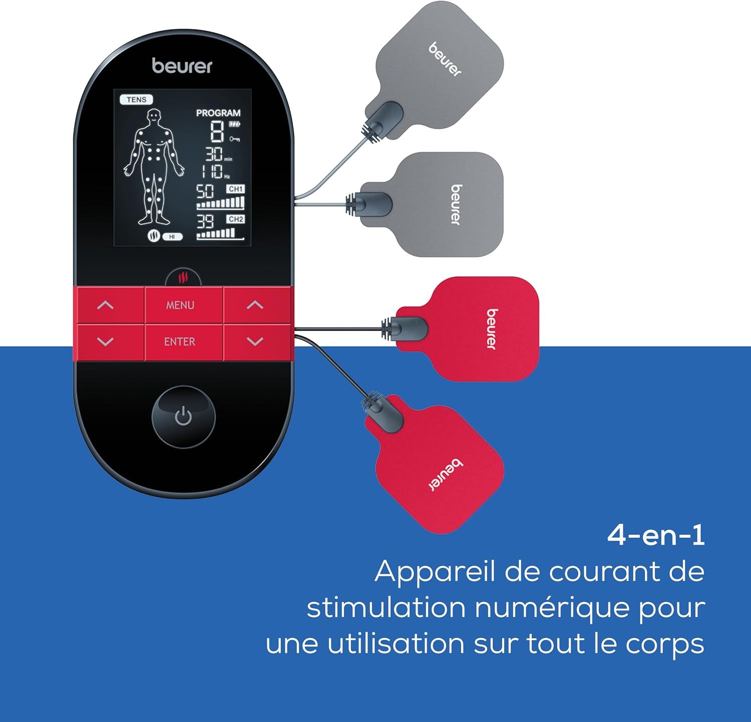 Appareil TENS/EMS avec quatre électrodes, câbles, affichant la fonction 4-en-1.