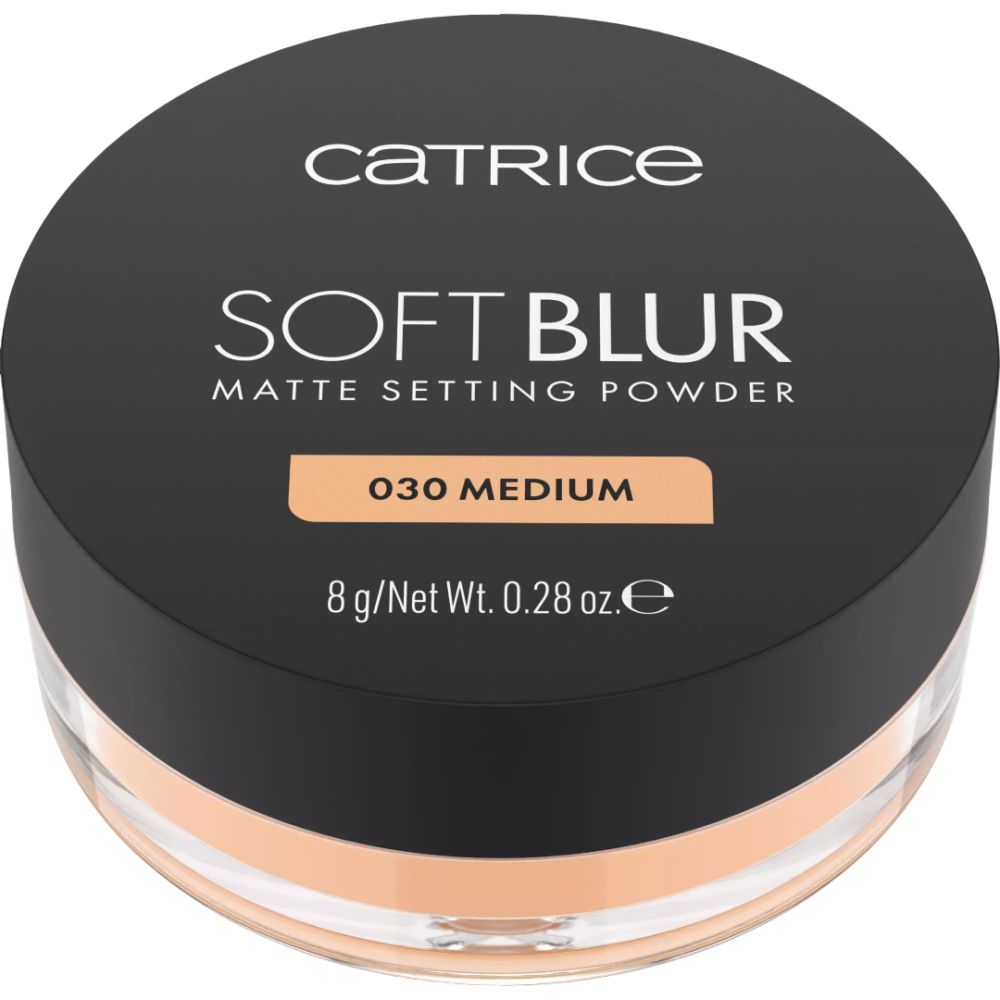 Catrice Soft Blur poudre fixante matifiante. Couvercle noir, pot avec poudre, informations sur le produit.