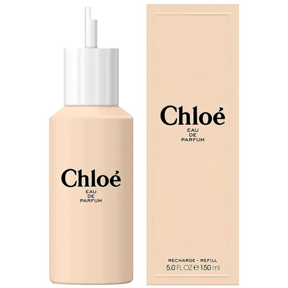 Beige fles en rechthoekige verpakking. Opschrift Chloé Eau de Parfum. Navulling.