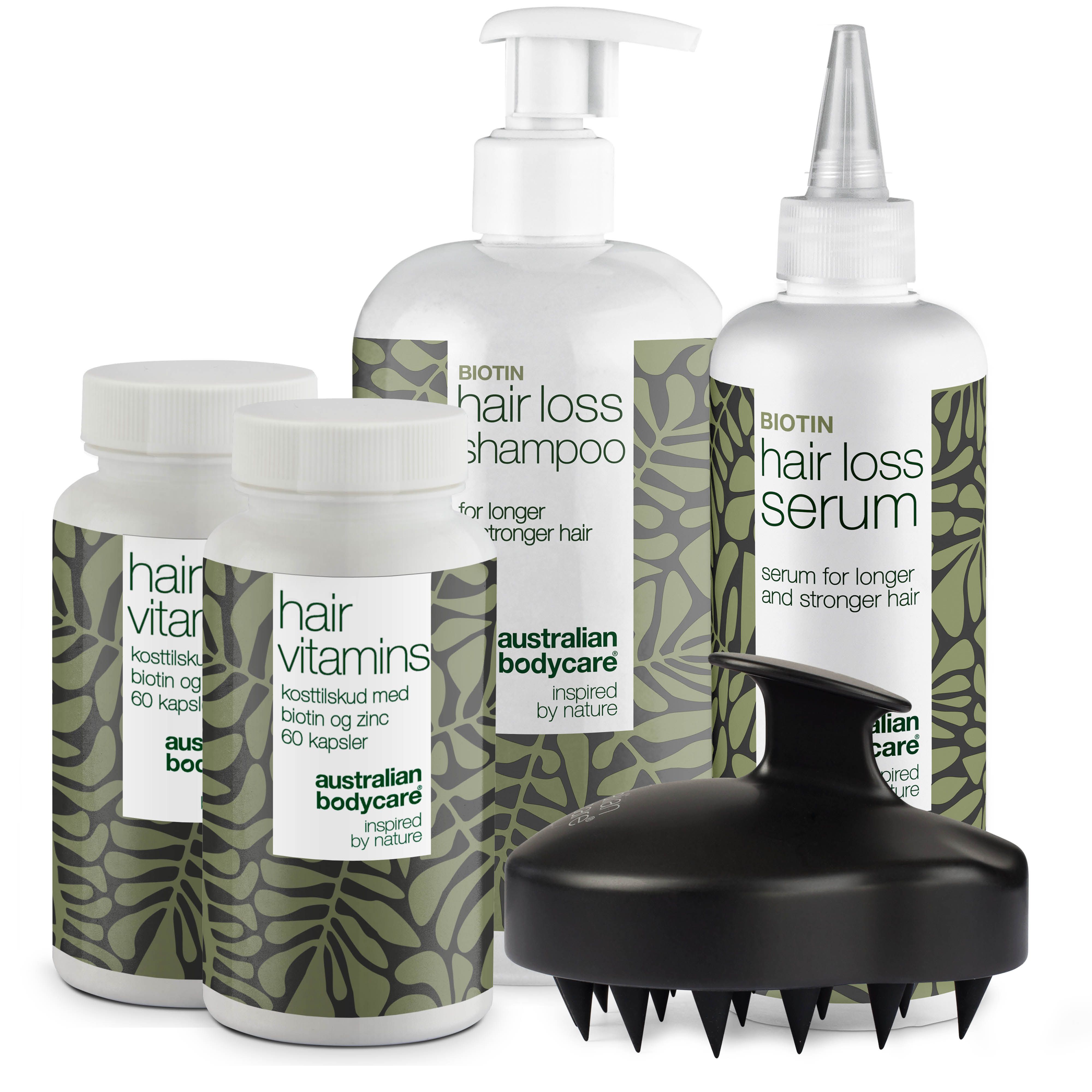 Plusieurs flacons et gélules. Shampooing, sérum, gélules et brosse de massage du cuir chevelu. Brosse noire. Étiquette blanche.