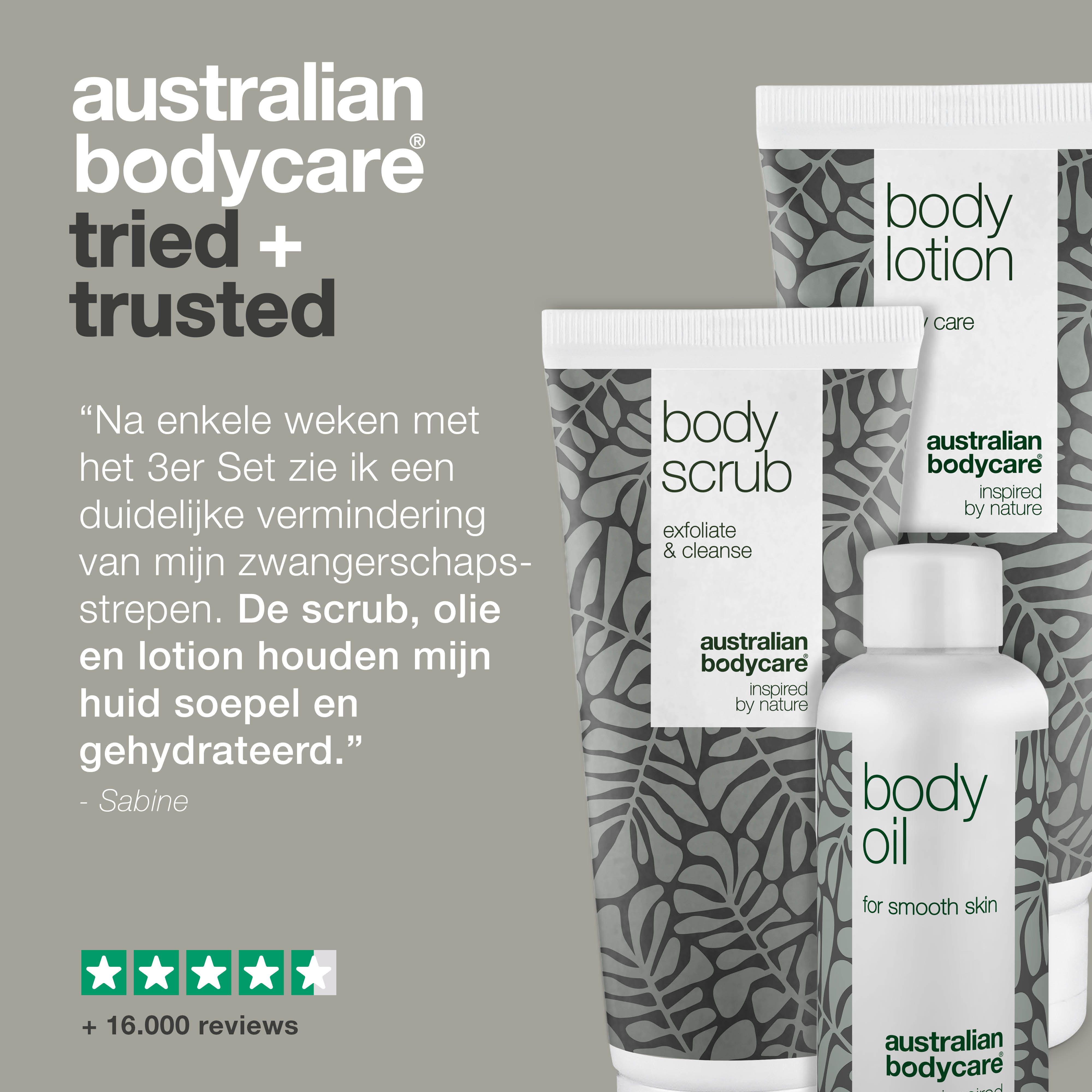 Vrouwen met producten. Body Lotion, Body Scrub, Body Oil. Witte tubes en fles met grijze bladeren. Tekst: Australian Bodycare.