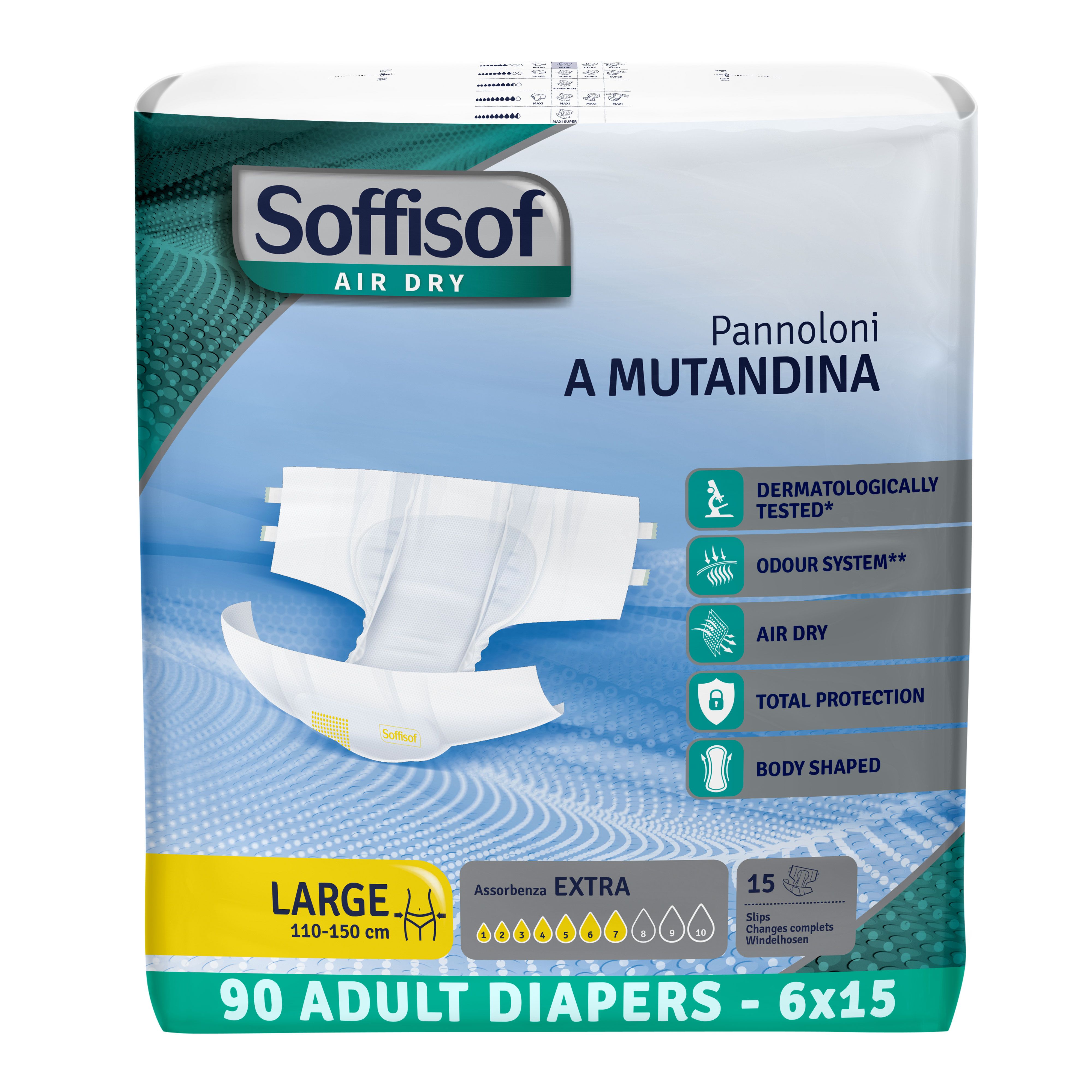 Soffisof Air Dry Adultenluiers Extra. Maat L, 110-150 cm. 90 stuks. Dermatologisch getest, geursysteem, Air Dry, totale bescherming, lichaamsvorm.