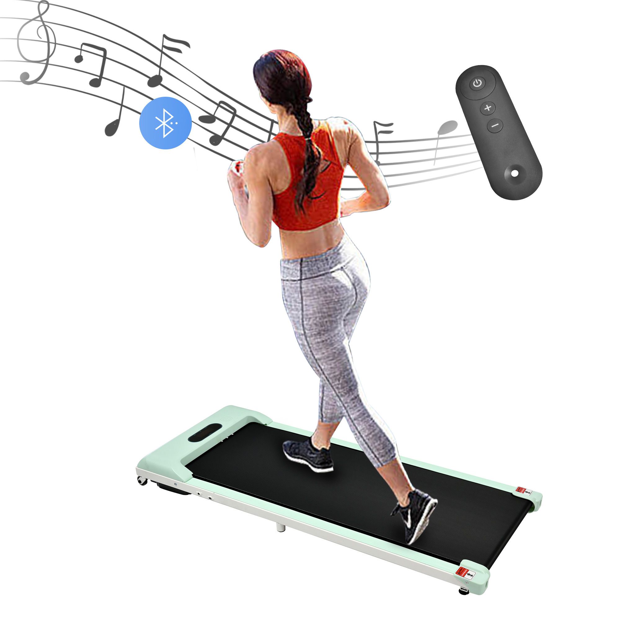 Tapis roulant compact, personne courant. Télécommande et symbole Bluetooth. Notes comme élément graphique.