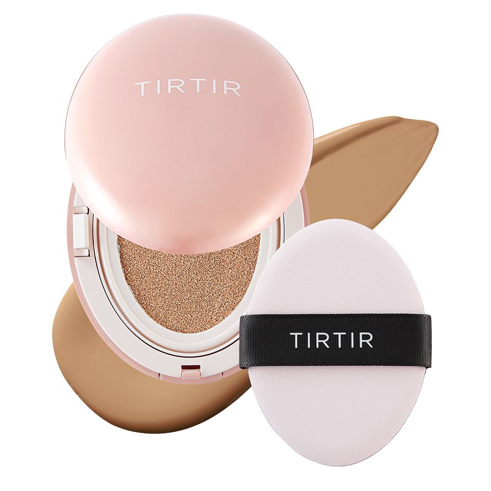 TIRTIR Mask Fit All Cover Cushion in roze doosje met applicator en foundation swatches.