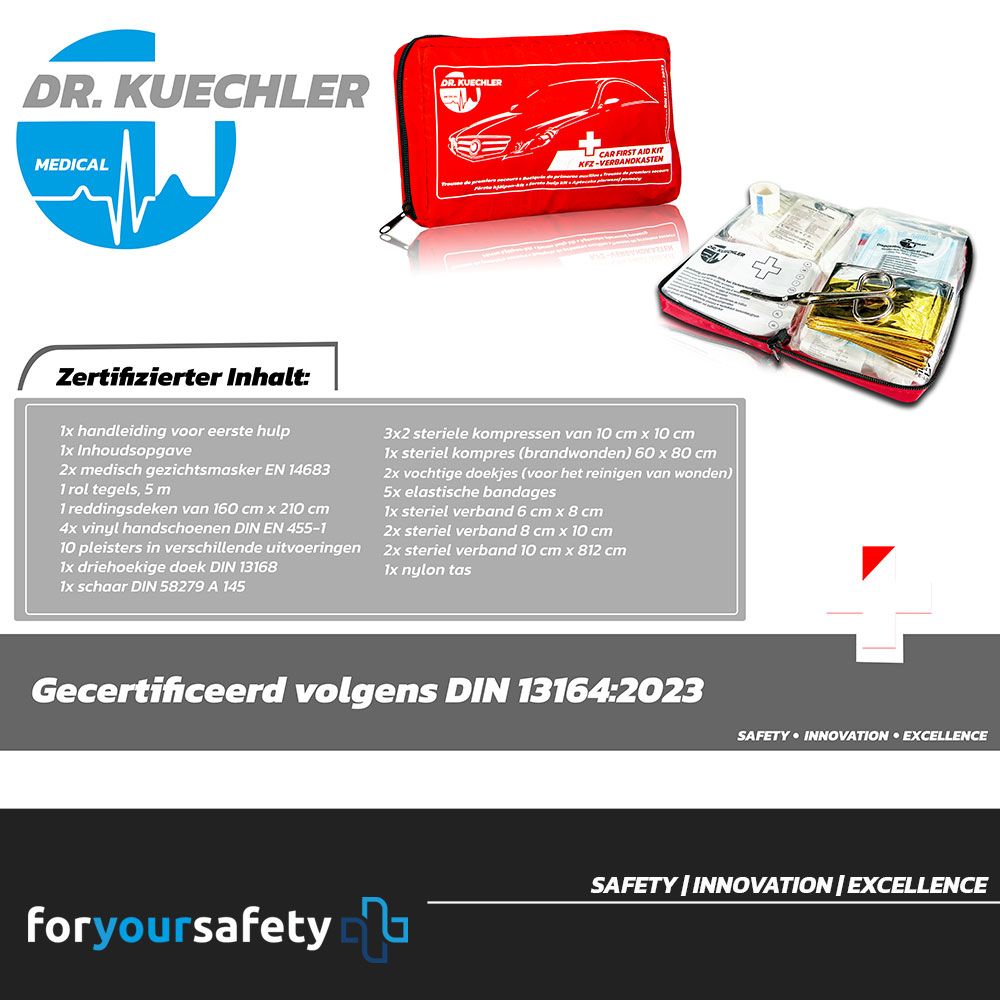Open EHBO-kit voor auto's met inhoud. Tekst: Inhoud conform DIN 13164. Merk: Dr. Kuechler Medical.