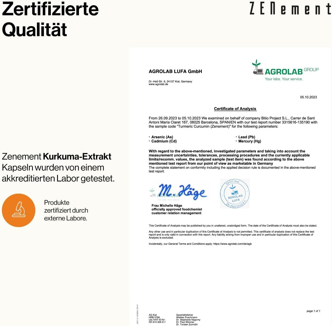 Un certificat d'Agrolab Lufa GmbH pour les gélules d'extrait de curcuma Zenement.