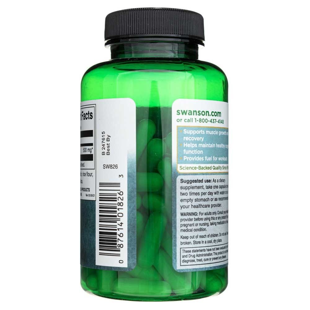Vue latérale d'une bouteille verte de L-Glutamine Swanson 500 mg. Contient des informations d'utilisation et des avertissements.