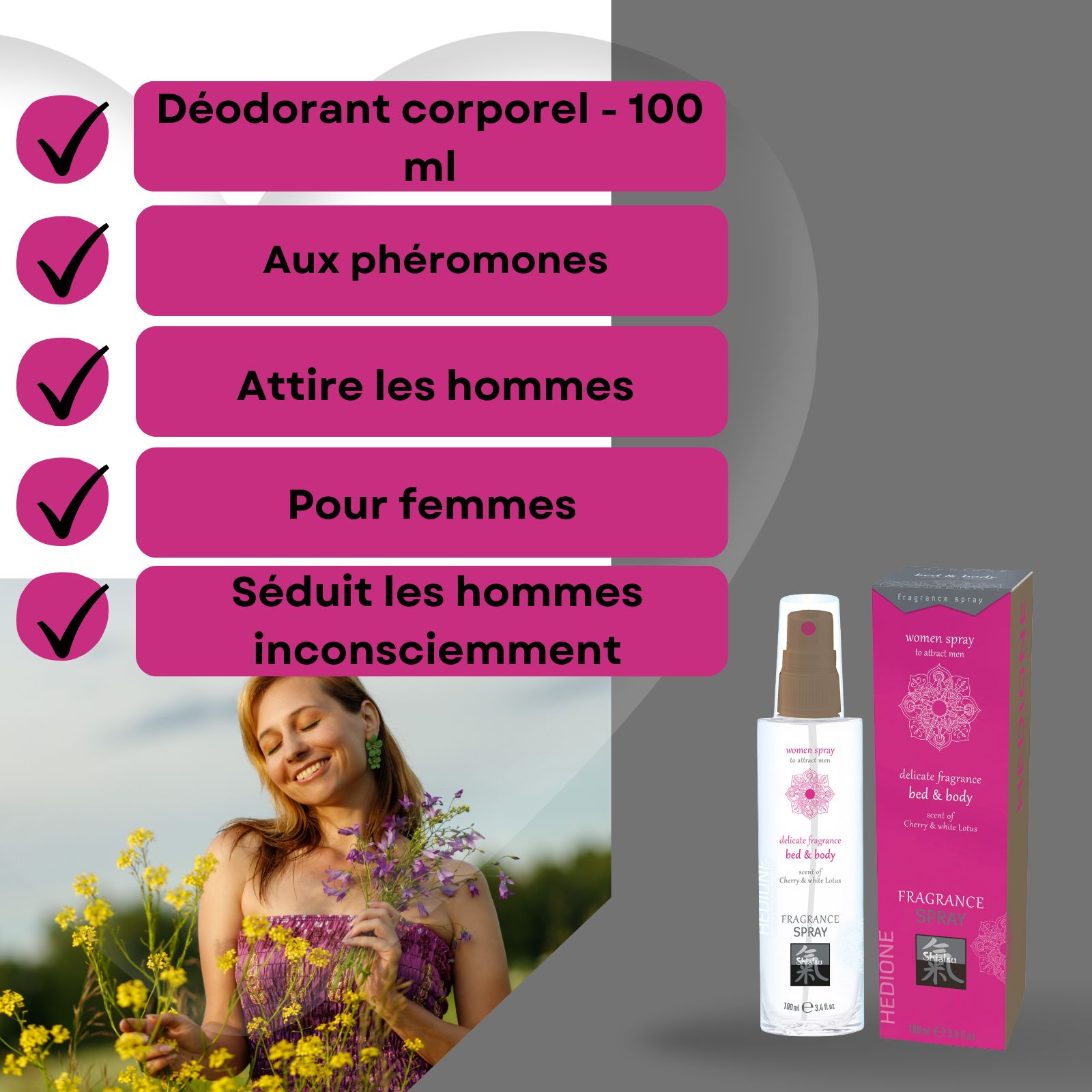 Femme avec fleurs en extérieur. À côté : spray parfumant femme (100ml) et emballage.