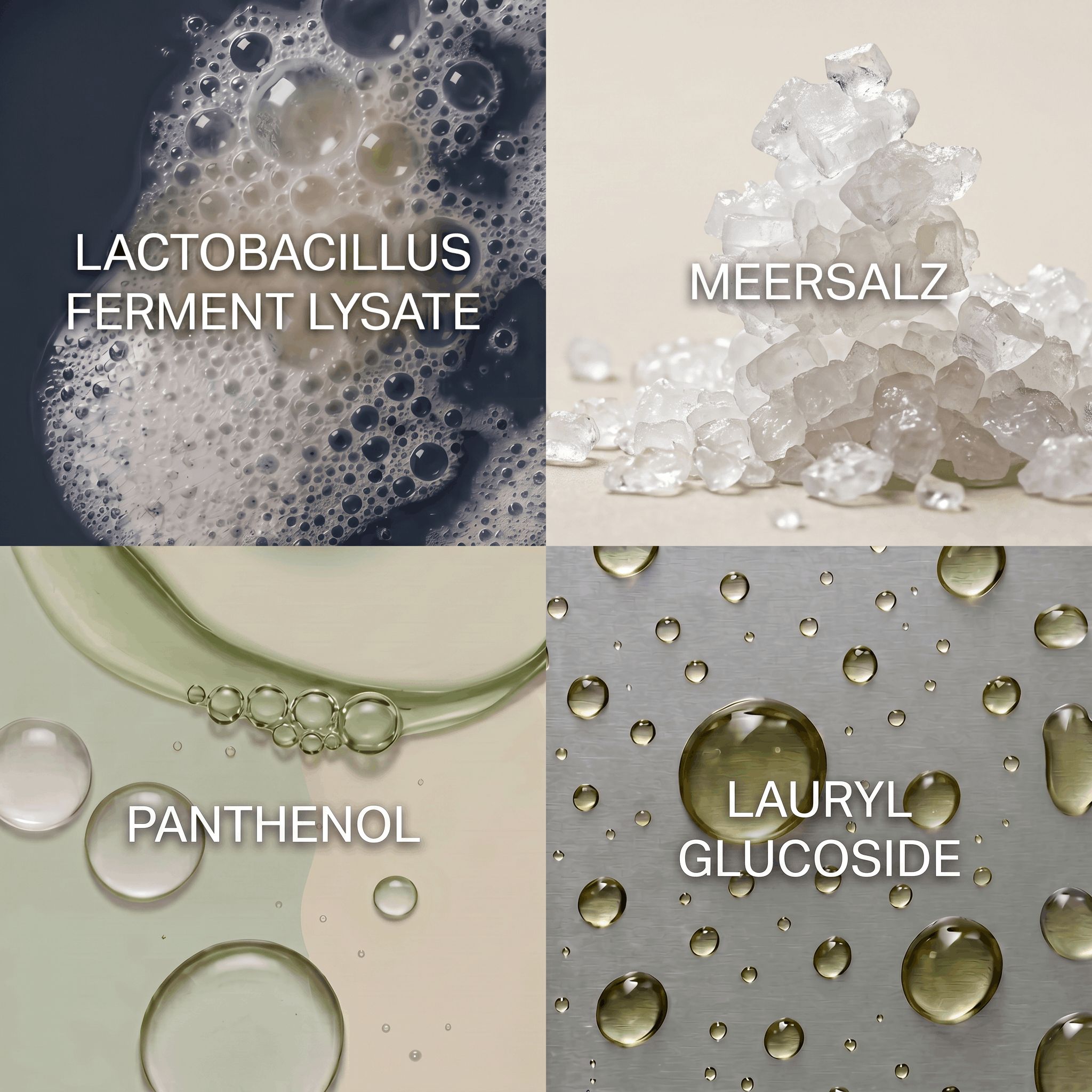 Vier vierkanten tonen ingrediënten: schuim, zeezout, panthenol en vloeistof.