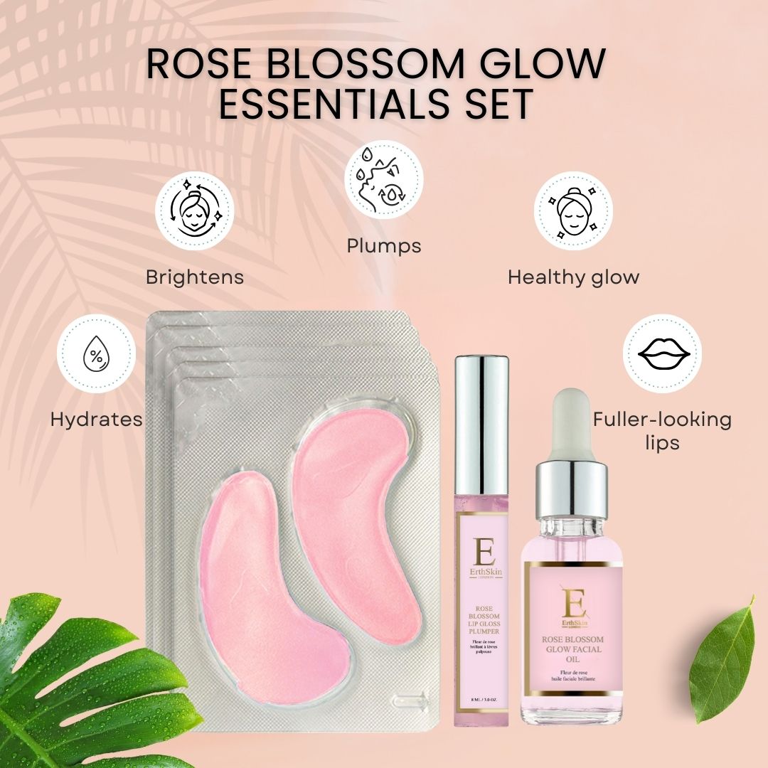 Patchs pour les yeux roses, gloss et huile pour le visage. Produits avec logo "E". Texte : "Rose Blossom Glow Essentials Set". Icônes : Hydratation, repulpe, éclat.