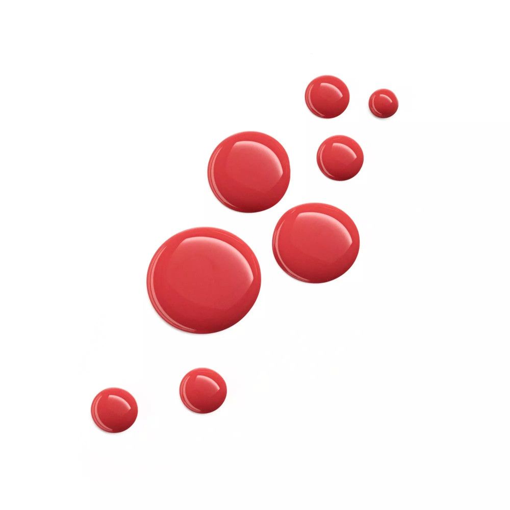 Plusieurs gouttes rouges de différentes tailles sur fond blanc.