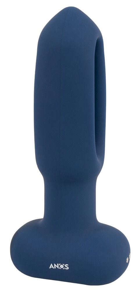 Vue latérale du bouchon anal bleu avec fonction langue vibrante et logo de marque.